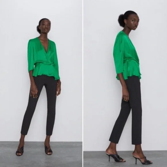 FLASH SALE NWT Zara Green Satin Wrap Top - Picture 4 of 11